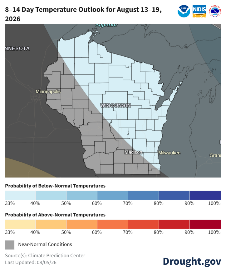 8–14 day temperature outlook map for Wisconsin, August 13–19, 2026. Image description below. 