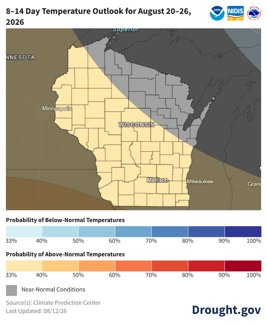 Map showing 8 to 14 day temperature outlook for Wisconsin, August 20 to 26, 2026