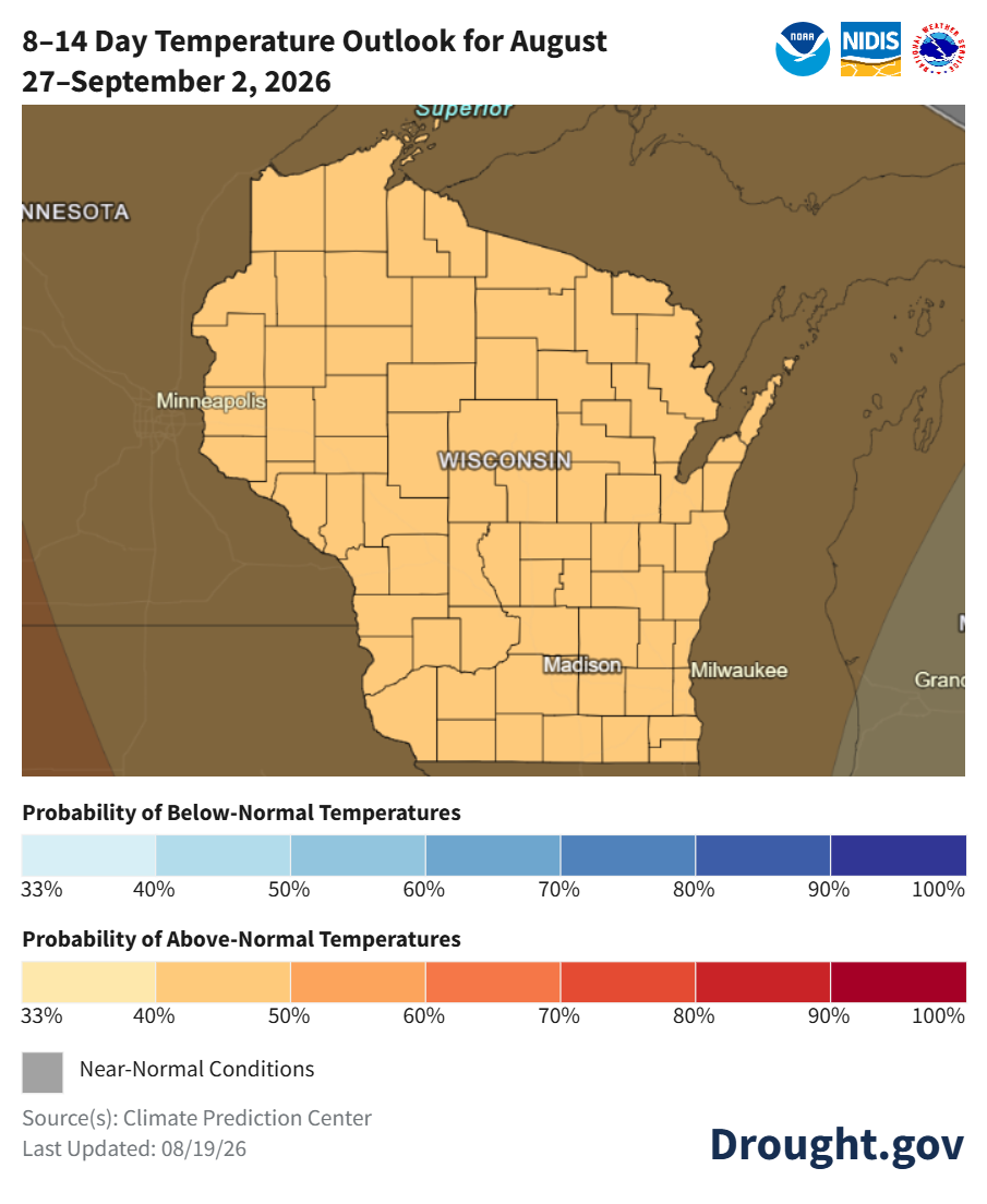 Map showing 8–14-day temperature outlook for Wisconsin, August 27–September 2, 2026, from Drought.gov. 