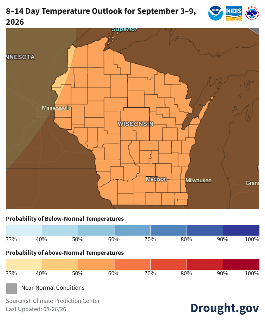 Map showing 8 to 14 day temperature outlook for Wisconsin from September 3 to 9, 2026.
