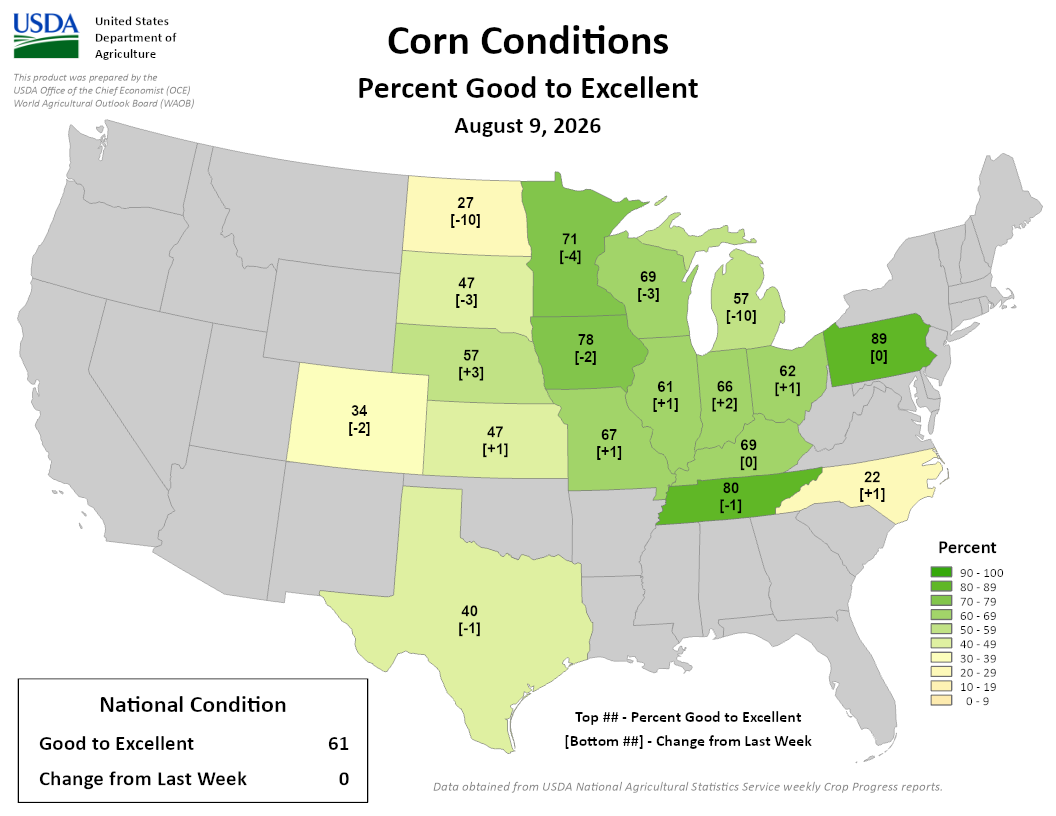 Map showing USDA US corn conditions percent good to excellent as of August 9, 2026.