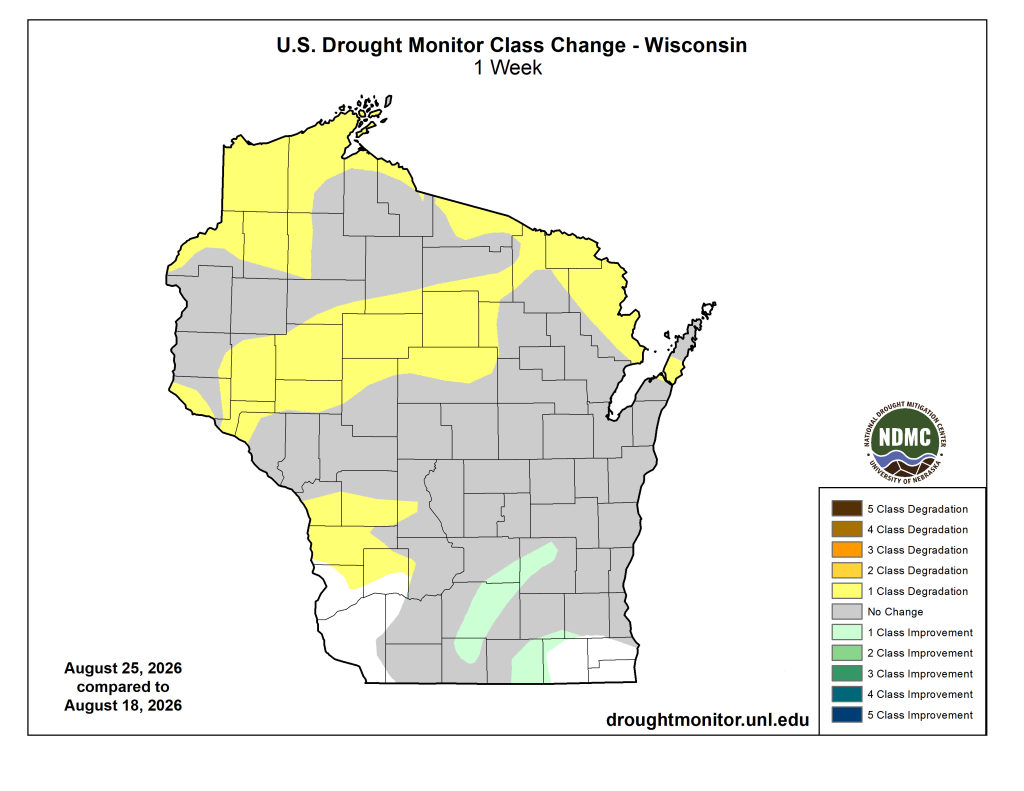  Map showing 1-week drought class changes in Wisconsin from August 18 to August 25, 2026.