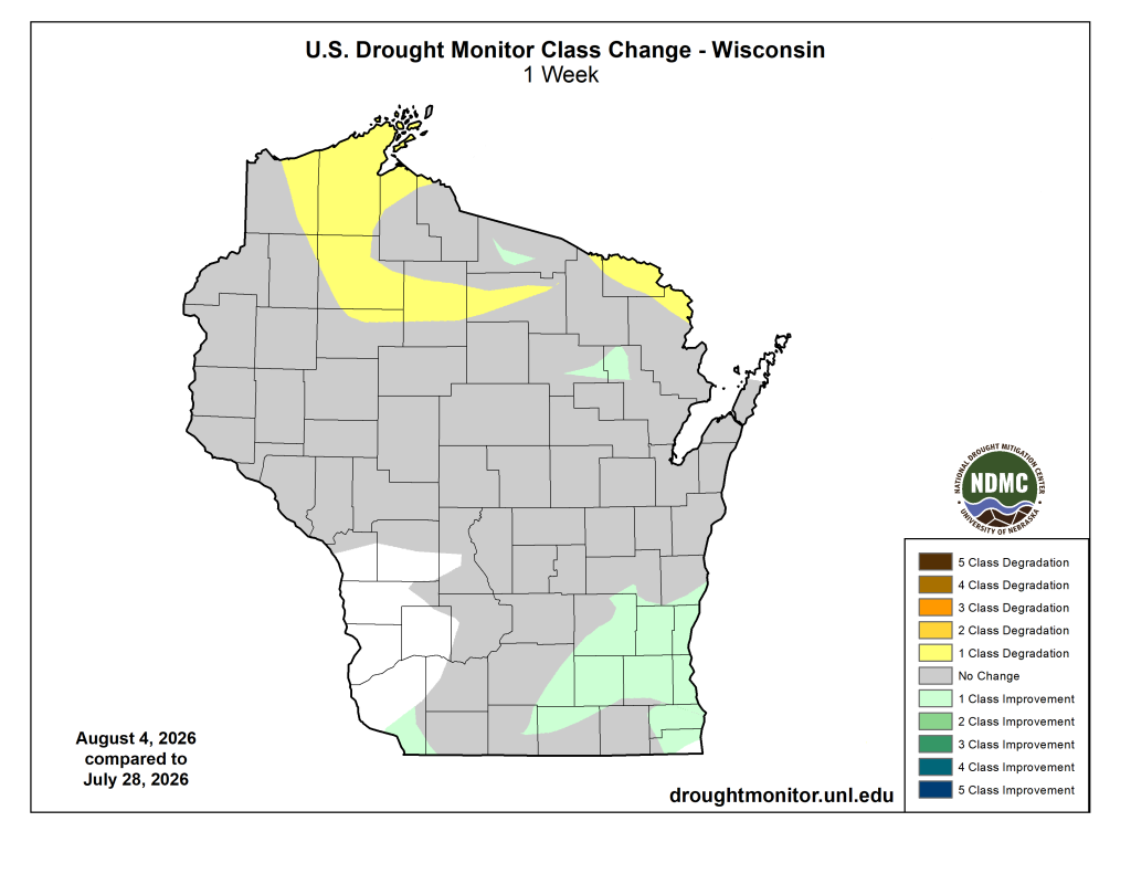 U.S. Drought Monitor map for Wisconsin valid August 4, 2026. Image description below. 