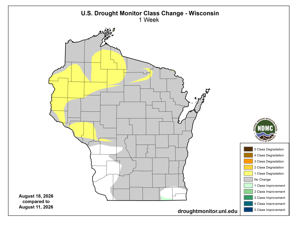 U.S. Drought Monitor map for Wisconsin on August 18, 2026, with county boundaries and condition summary table. 