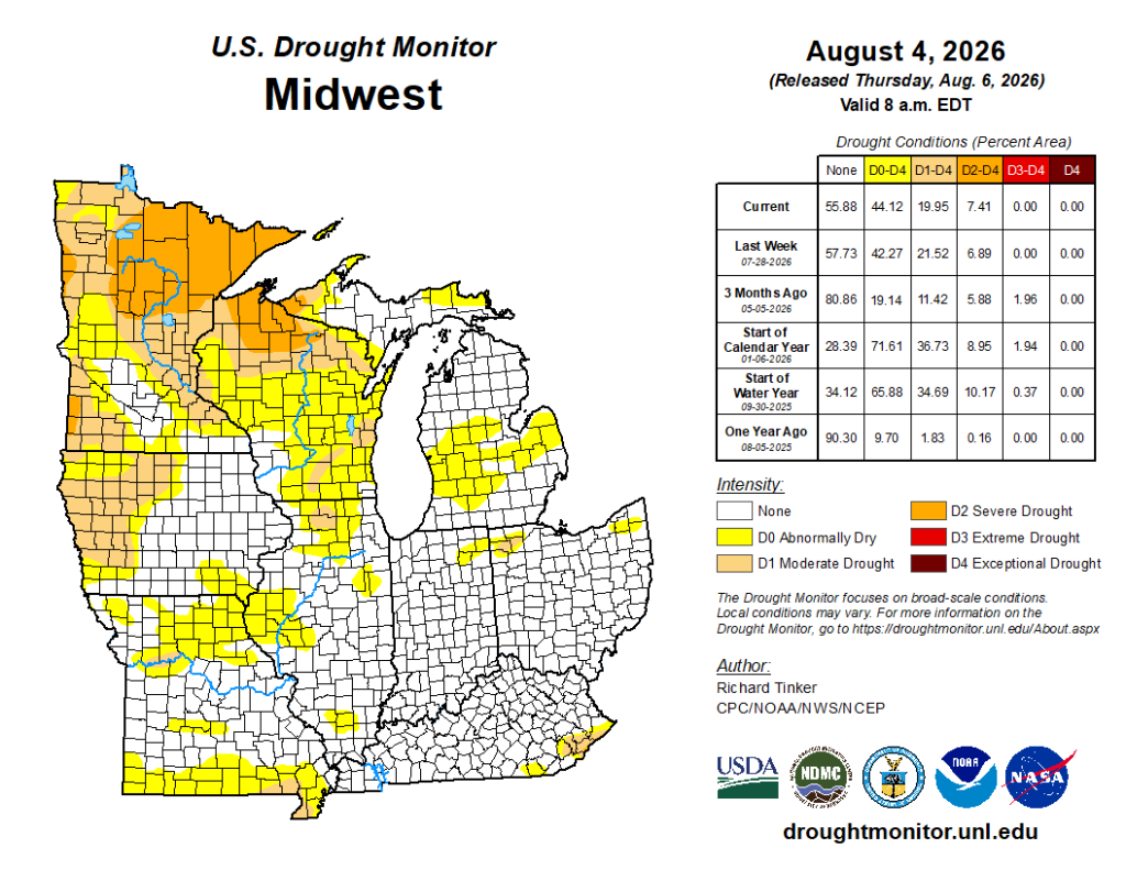 U.S. Drought Monitor map for the Midwest region valid August 4, 2026. Image description below. 