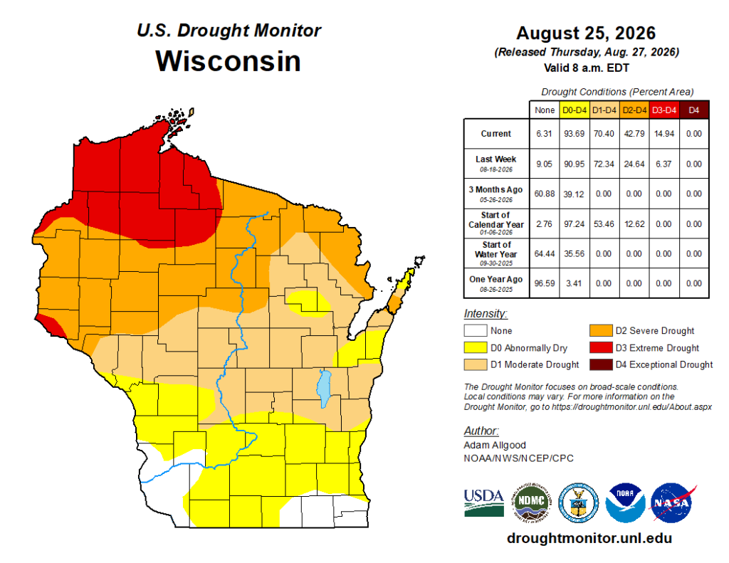 U.S. Drought Monitor map for Wisconsin released August 27, 2026, valid August 25, 2026.
