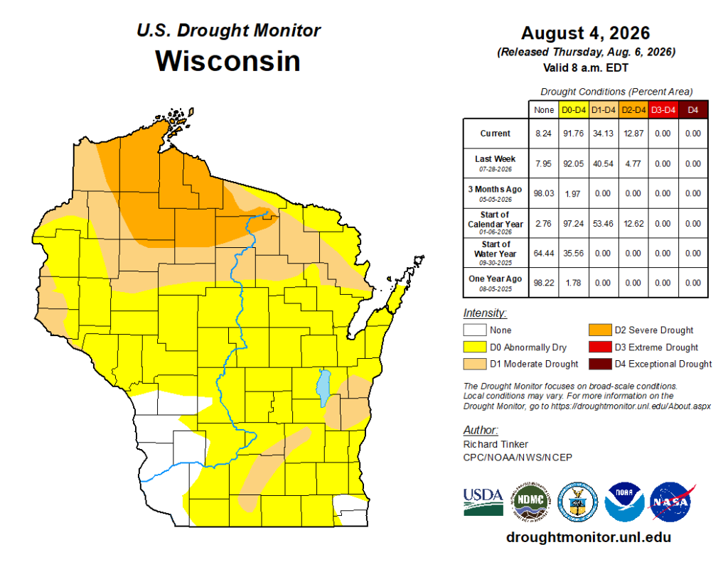 Map showing 1-week U.S. Drought Monitor class changes in Wisconsin comparing August 4, 2026 to July 28, 2026. Image description below. 
