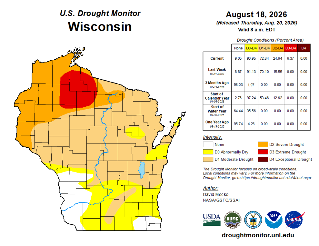 Map of 1-week drought class changes in Wisconsin comparing August 18, 2026, to August 11, 2026. 