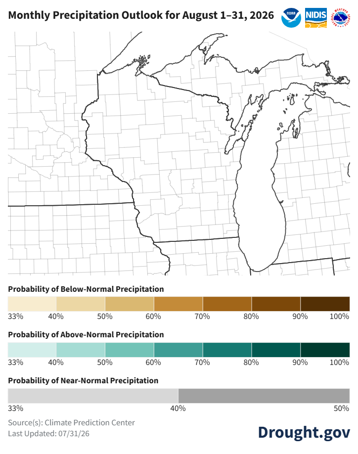 Map titled "Monthly Precipitation Outlook for August 1–31, 2026" showing Wisconsin, Michigan, and surrounding states with no shaded probability zones. Image description below.