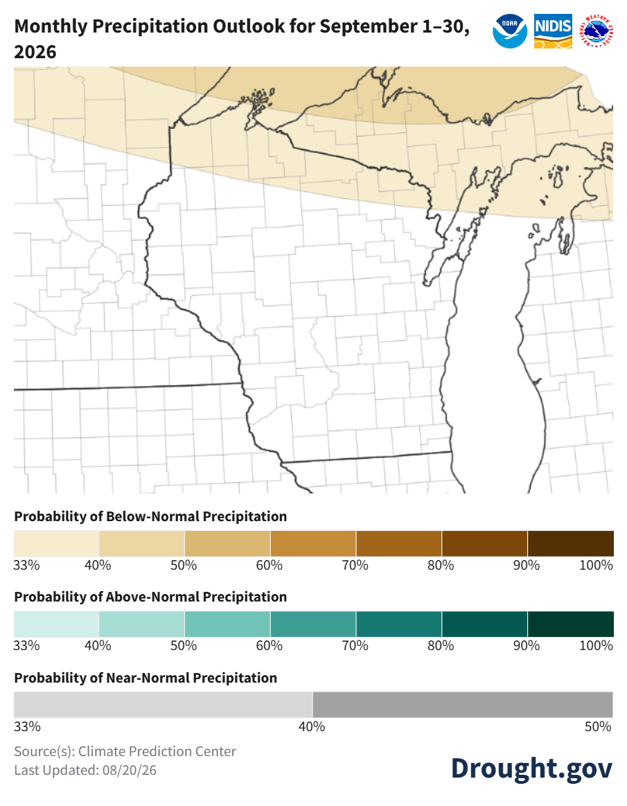 Map showing monthly precipitation outlook for September 1 to 30, 2026 across Upper Midwest.