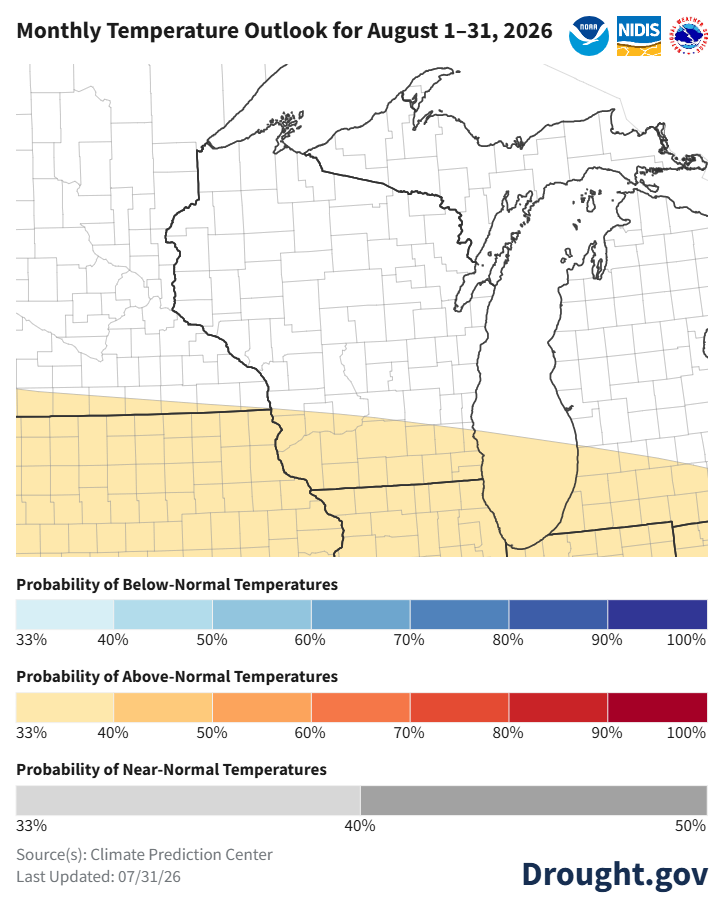 NOAA CPC map: August 2026 temperature outlook for Great Lakes/Midwest. Southern WI/IL shaded light orange (33–40% above-normal); rest of area equal chances (white). Image description below.