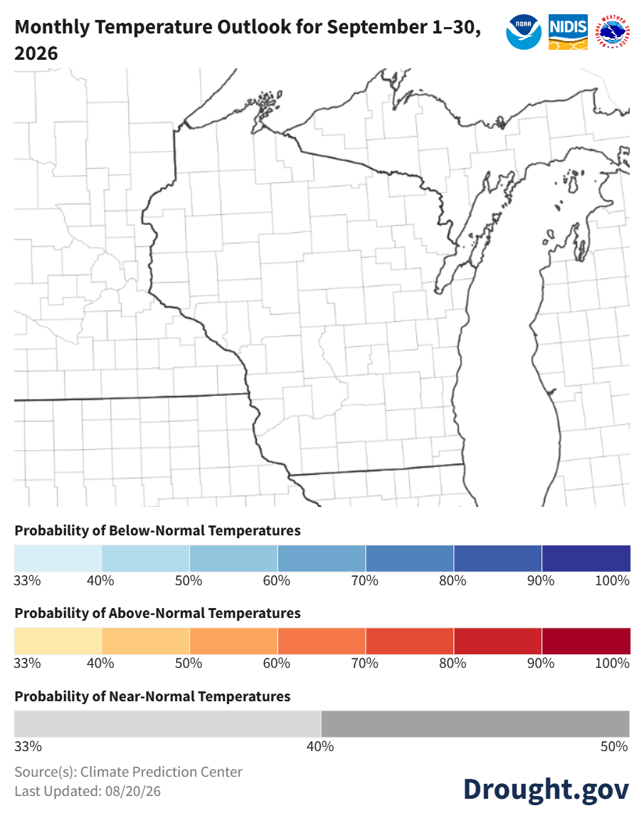 Map showing monthly temperature outlook for September 1 to 30, 2026 across Upper Midwest.