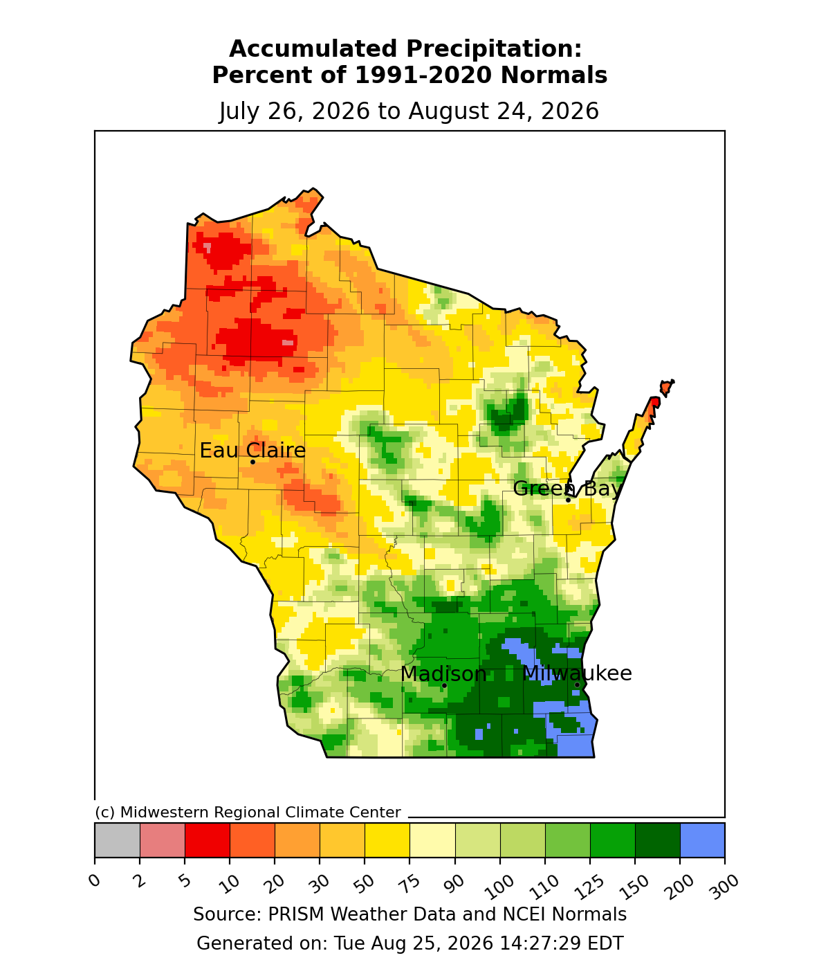 Map of Wisconsin precipitation percentage of 1991 to 2020 normals from July 26, 2026 to August 24, 2026.