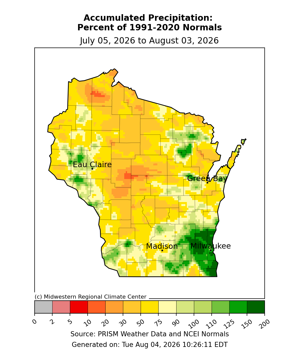 Wisconsin map, % of normal precipitation, Jul 5–Aug 3 2026. Most areas 50–100%; SE Wisconsin over 150%. Image description below.