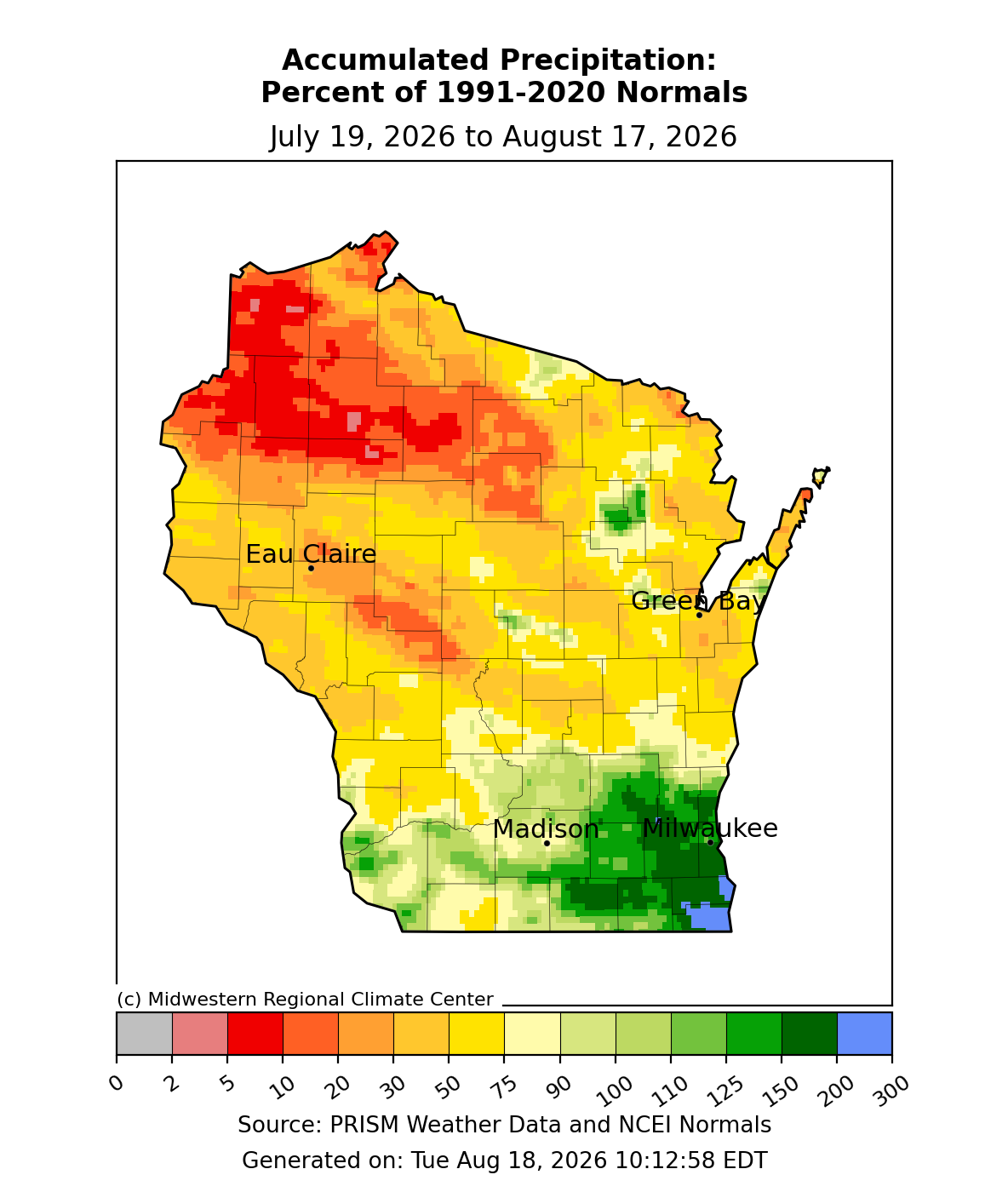 Wisconsin map showing 30-day precipitation percent of 1991–2020 normals from July 19 to August 17, 2026.