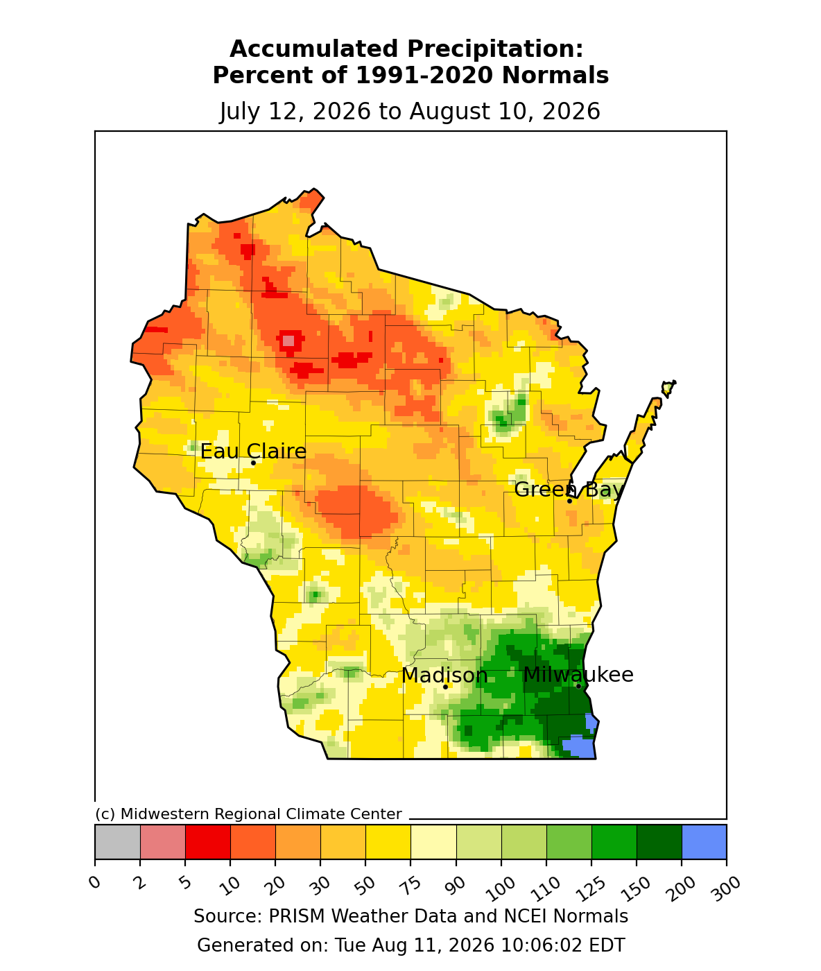  Map showing Wisconsin accumulated precipitation as a percent of normal from July 12 to August 10, 2026. Image description below.