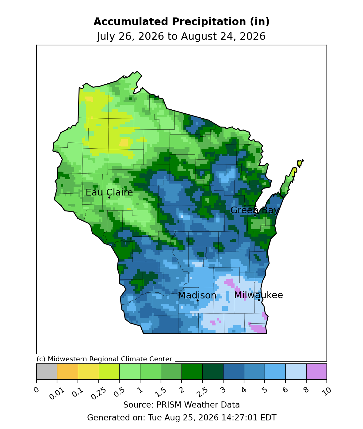 Map showing Wisconsin accumulated precipitation in inches from July 26, 2026 to August 24, 2026.