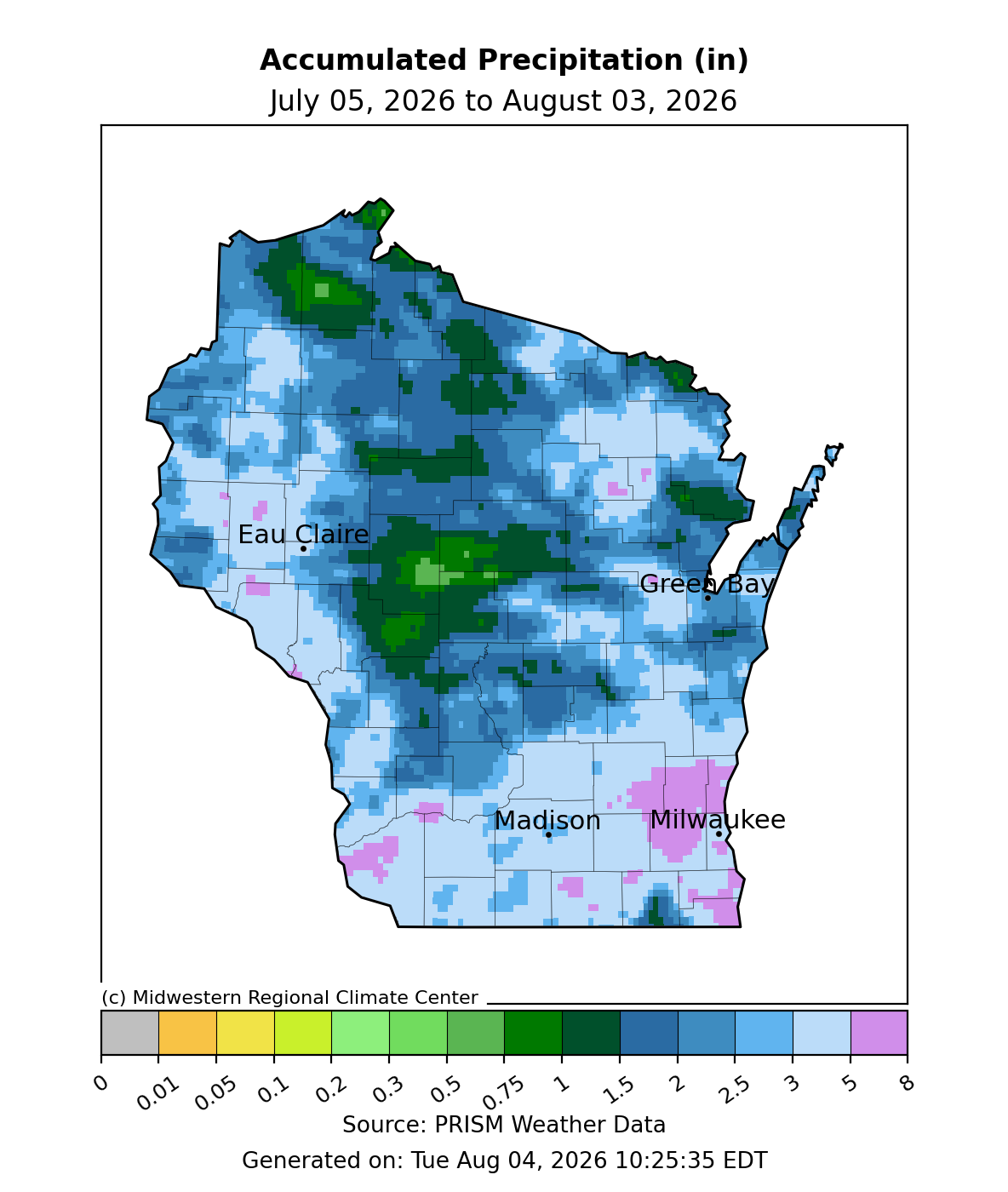 Wisconsin map, accumulated precipitation Jul 5–Aug 3, 2026. Image description below.