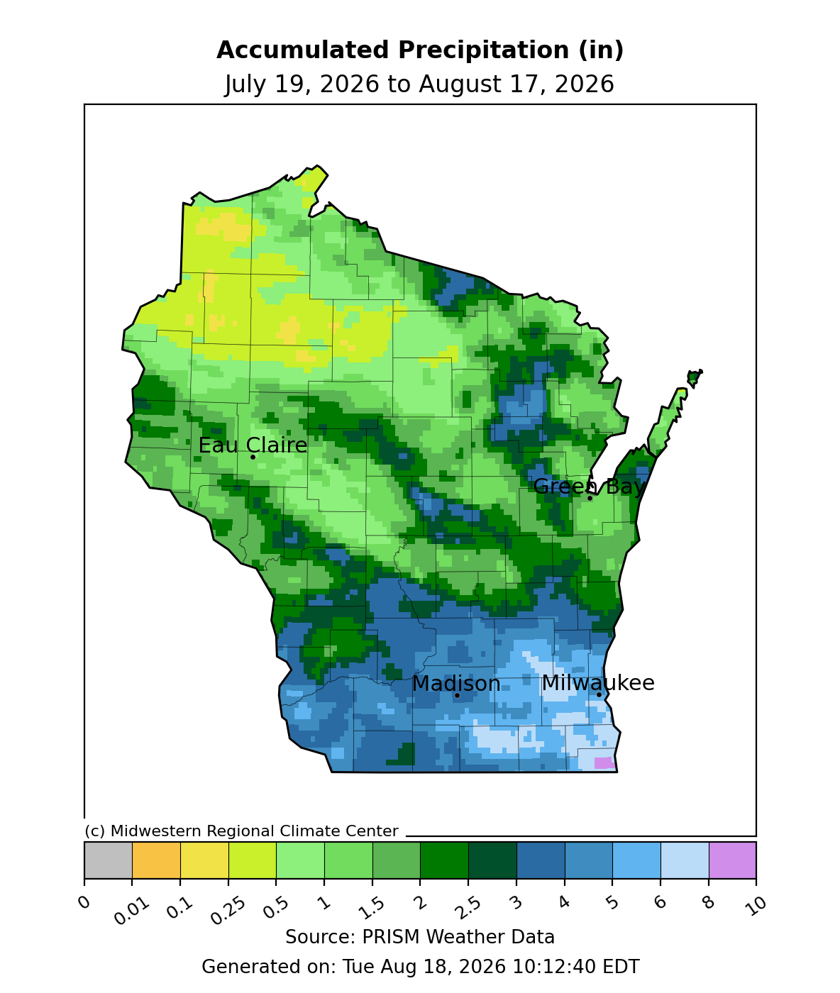 Wisconsin map showing total accumulated precipitation in inches from July 19 to August 17, 2026.