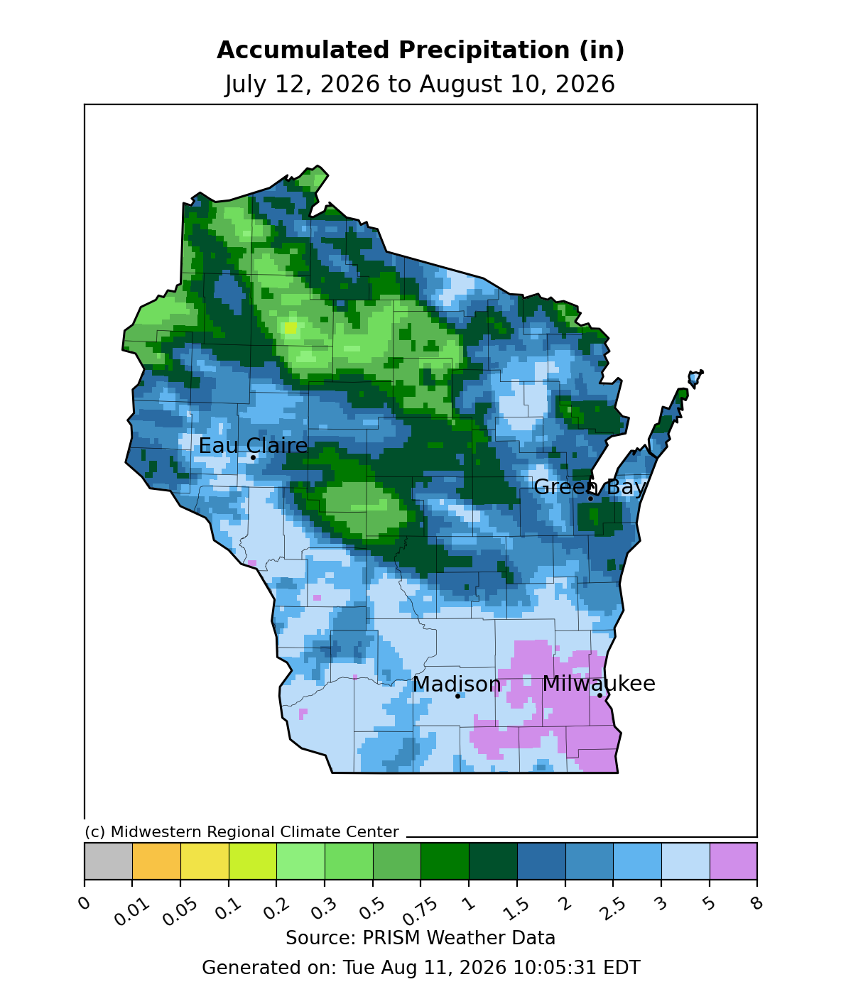 Map of Wisconsin total accumulated precipitation in inches from July 12 to August 10, 2026. Image description below.