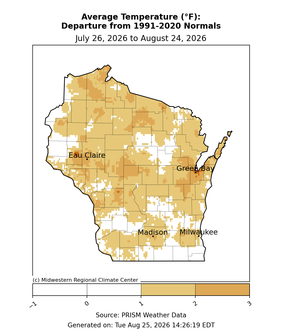 Map of Wisconsin showing average temperature departure from 1991-2020 normals from July 26 to August 24, 2026.