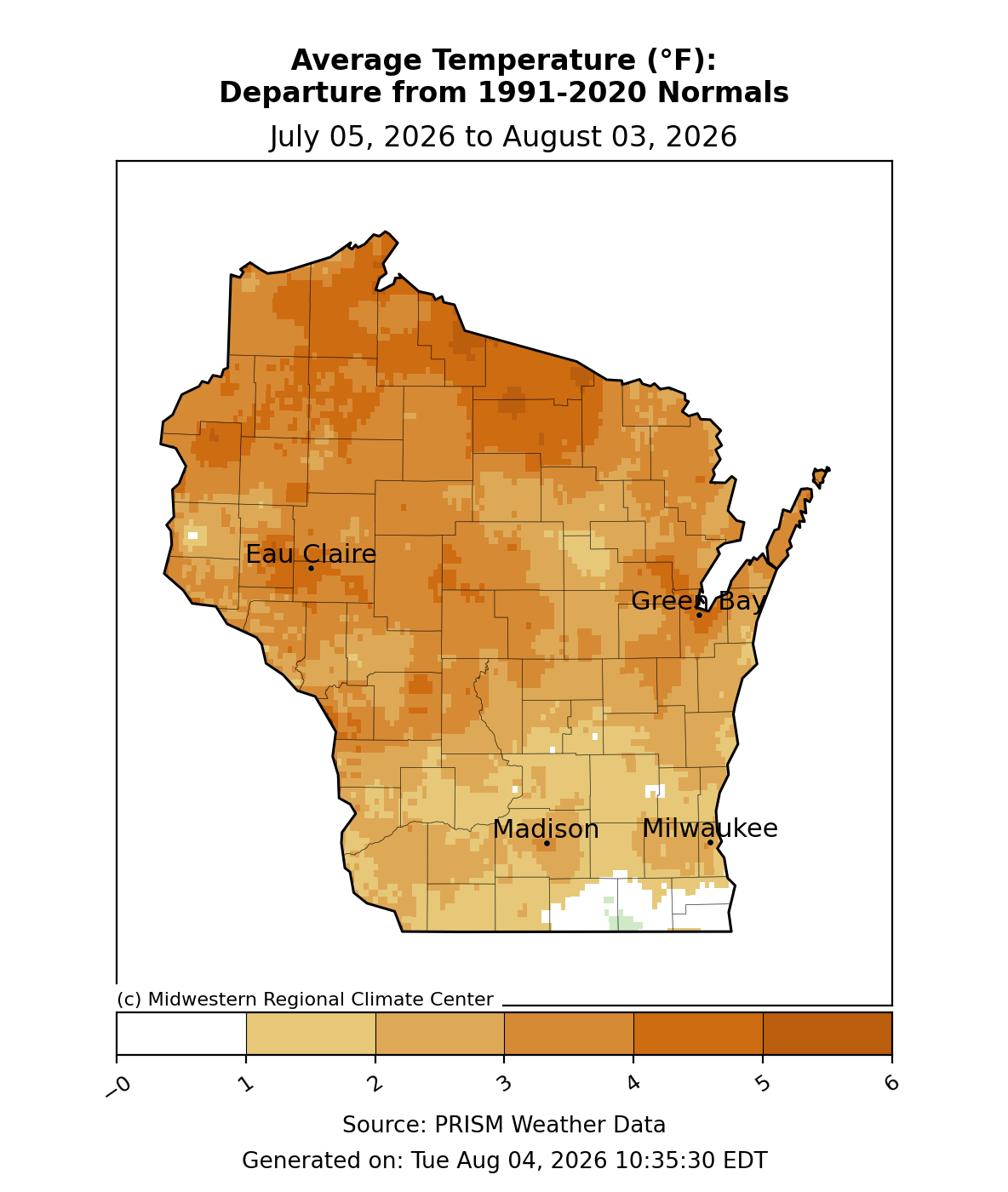 Wisconsin map, temp departure from normal, Jul 5–Aug 3, 2026. Statewide 1–6°F above normal; north warmest. Image description below.