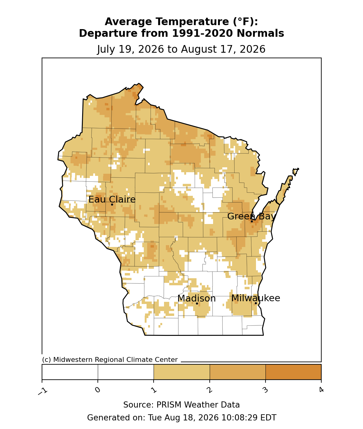 Wisconsin map showing 30-day average temperature departure from 1991–2020 normals from July 19 to August 17, 2026.