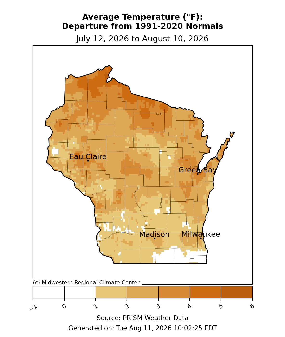 Map showing 30-day Wisconsin average temperature departure from normal (°F), July 12 - Aug 10, 2026. 