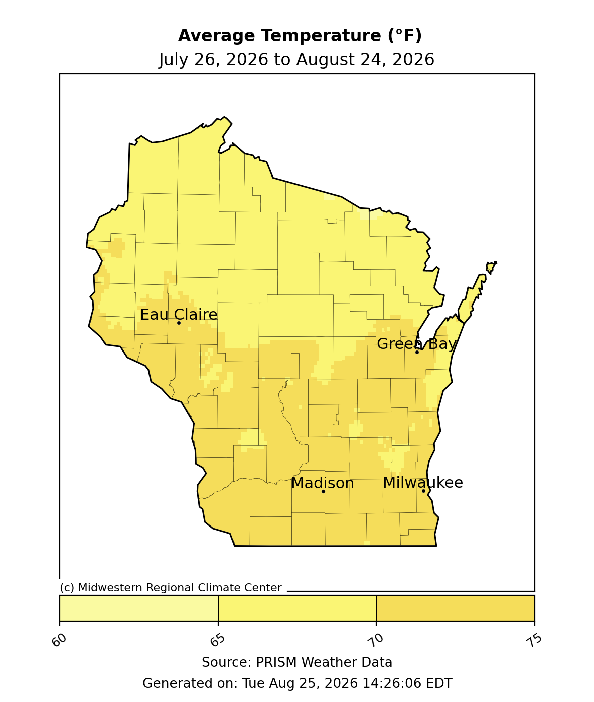 Map of Wisconsin showing average temperature in degrees Fahrenheit from July 26 to August 24, 2026.