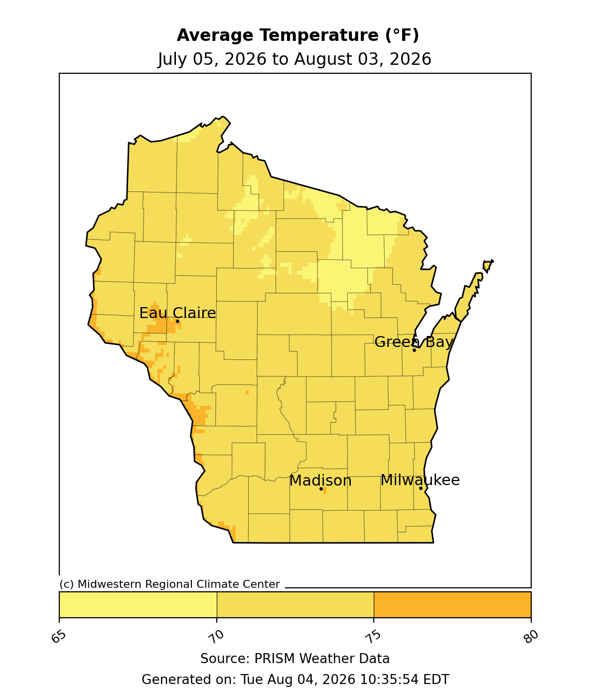 Wisconsin average temperature map, July 5–Aug 3, 2026, 65–80°F. Image description below.