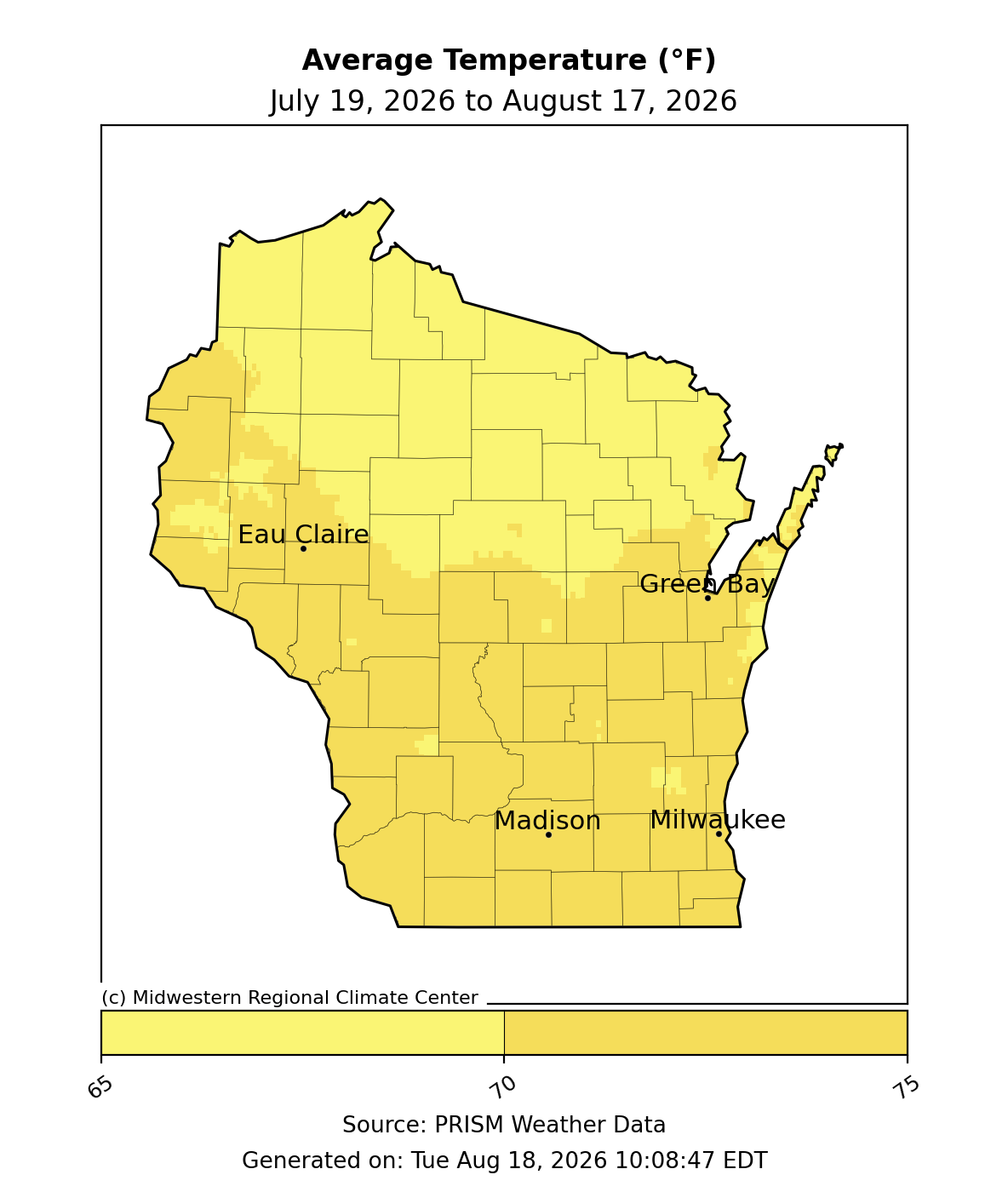 Wisconsin map showing 30-day average temperature in degrees Fahrenheit from July 19 to August 17, 2026.