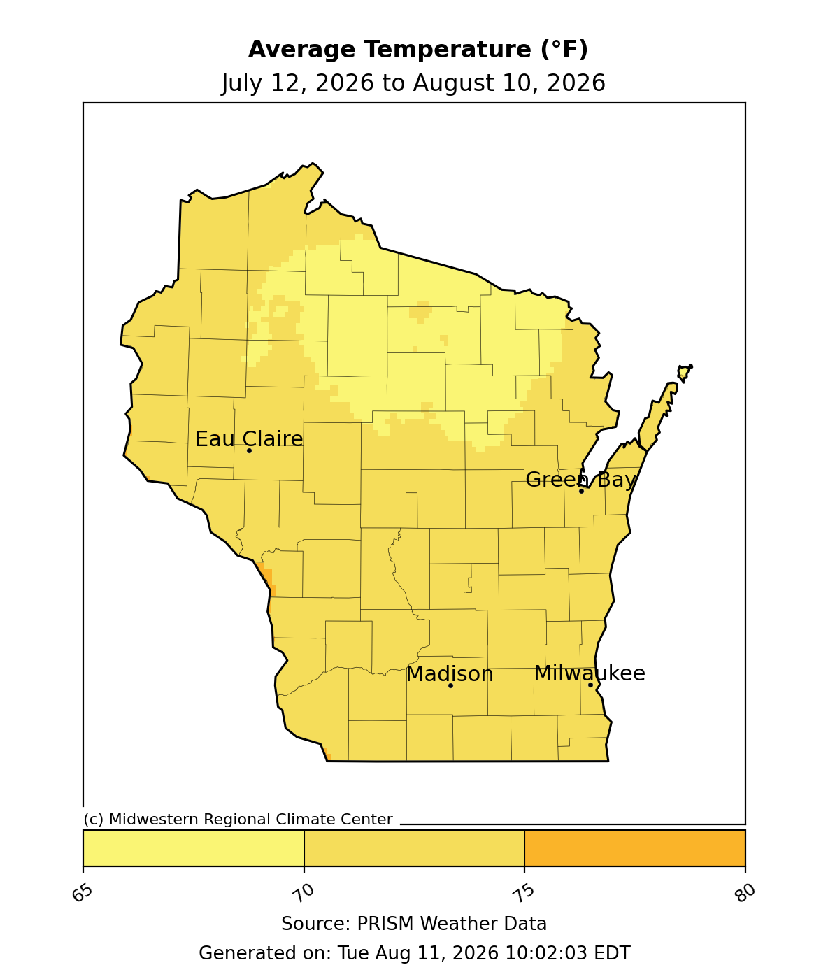 Map of Wisconsin 30-day average temperature in degrees Fahrenheit (July 12 - Aug 10, 2026). 