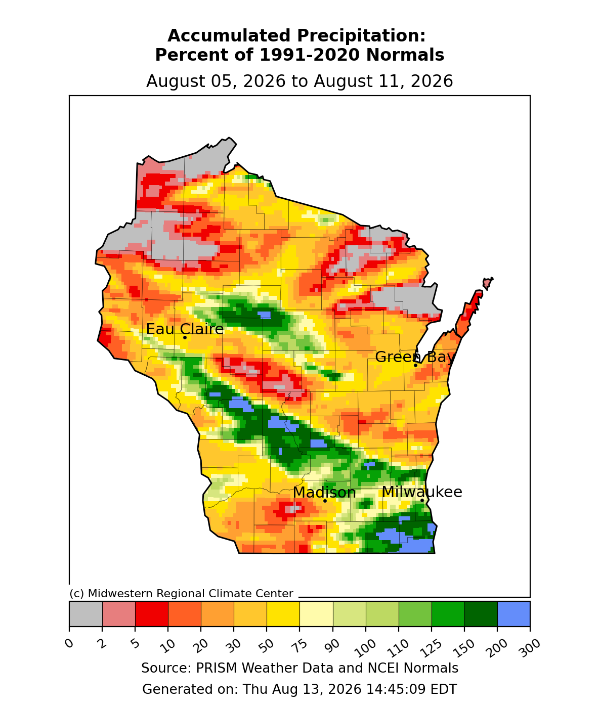 Wisconsin map of accumulated precipitation as percent of 1991 to 2020 normals, Aug 5 to 11, 2026. Image description below. 