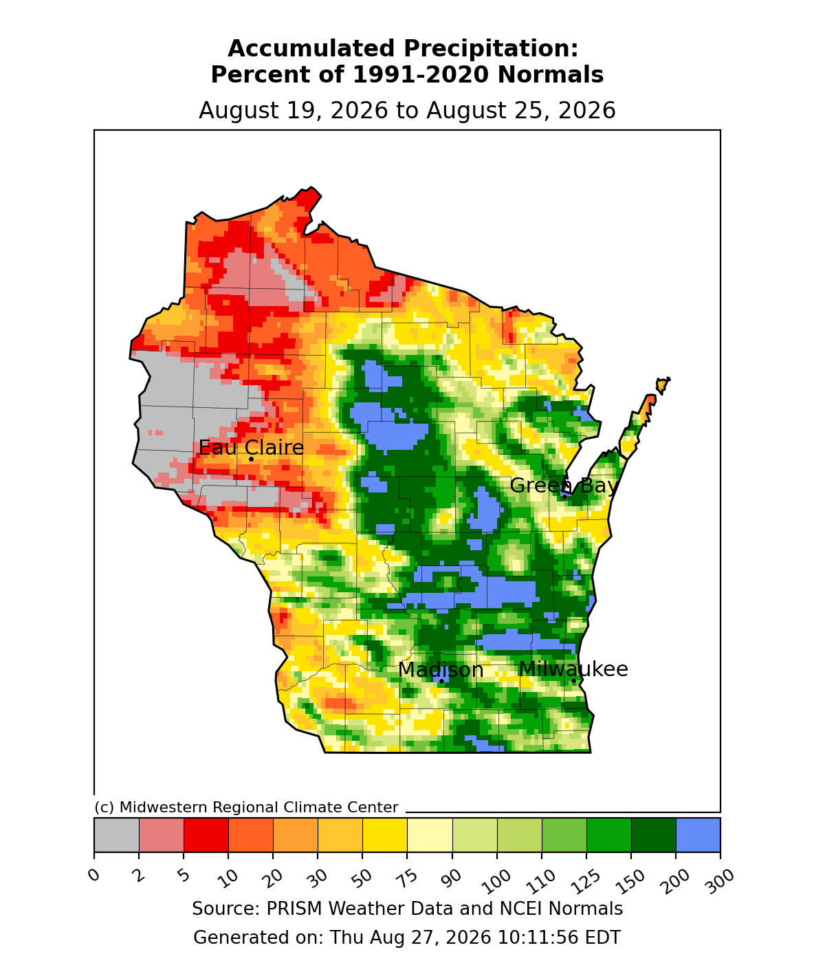 Map of Wisconsin accumulated precipitation as a percent of 1991 to 2020 normals from August 19 to August 25, 2026.