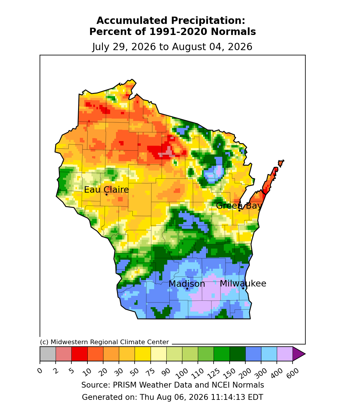 Map of Wisconsin showing accumulated precipitation as percent of 1991-2020 normals for July 29 to August 4, 2026. Image description below. 
