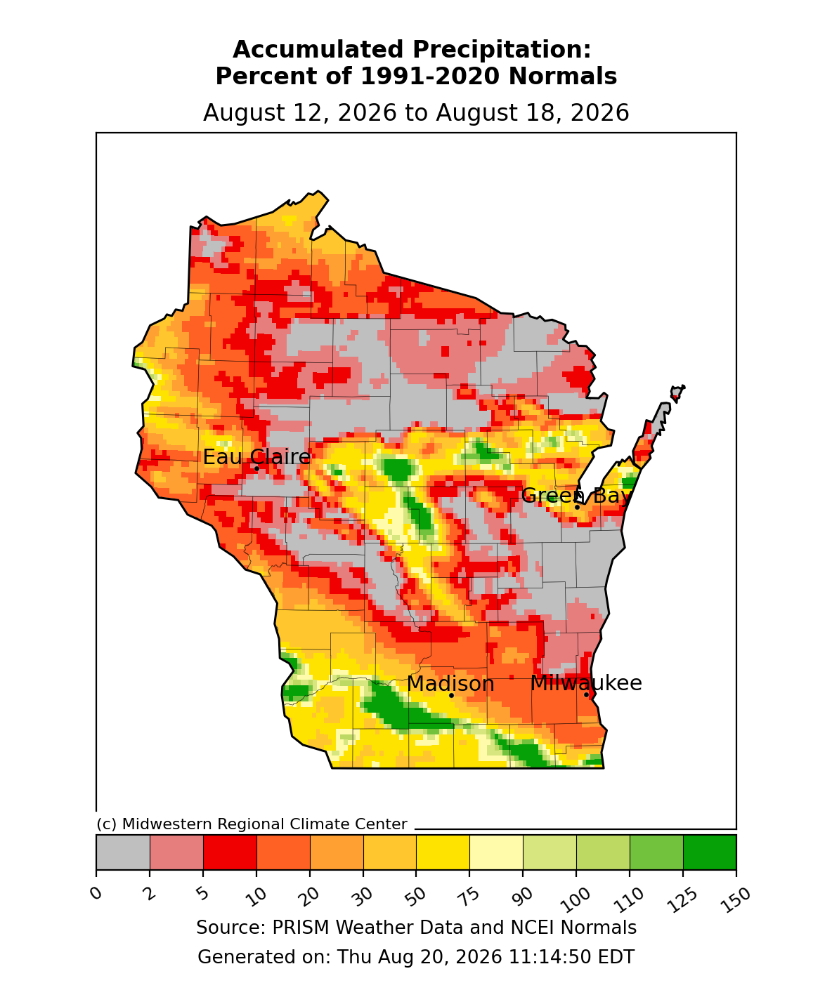 Map showing Wisconsin accumulated precipitation as a percent of 1991–2020 normals for August 12–18, 2026. 