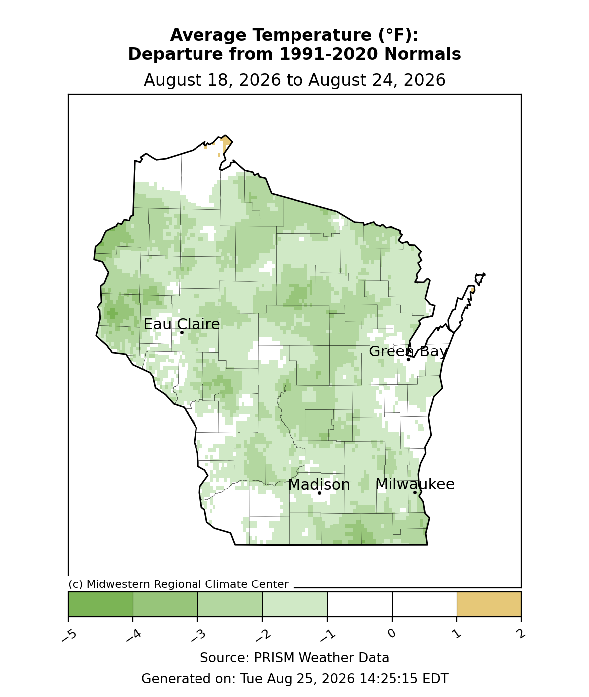 Map of Wisconsin showing average temperature departure from 1991-2020 normals from August 18 to August 24, 2026.