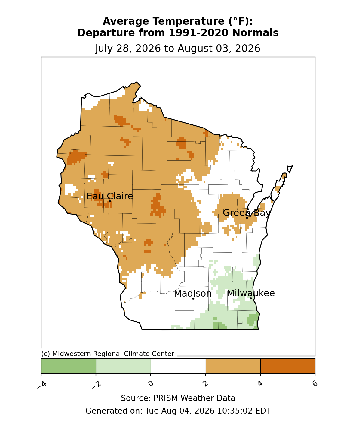 Map of Wisconsin, temperature departure from normal, July 28–Aug 3, 2026; most of state 2–6°F above normal, south-central/southeast near normal to below. Image description below.
