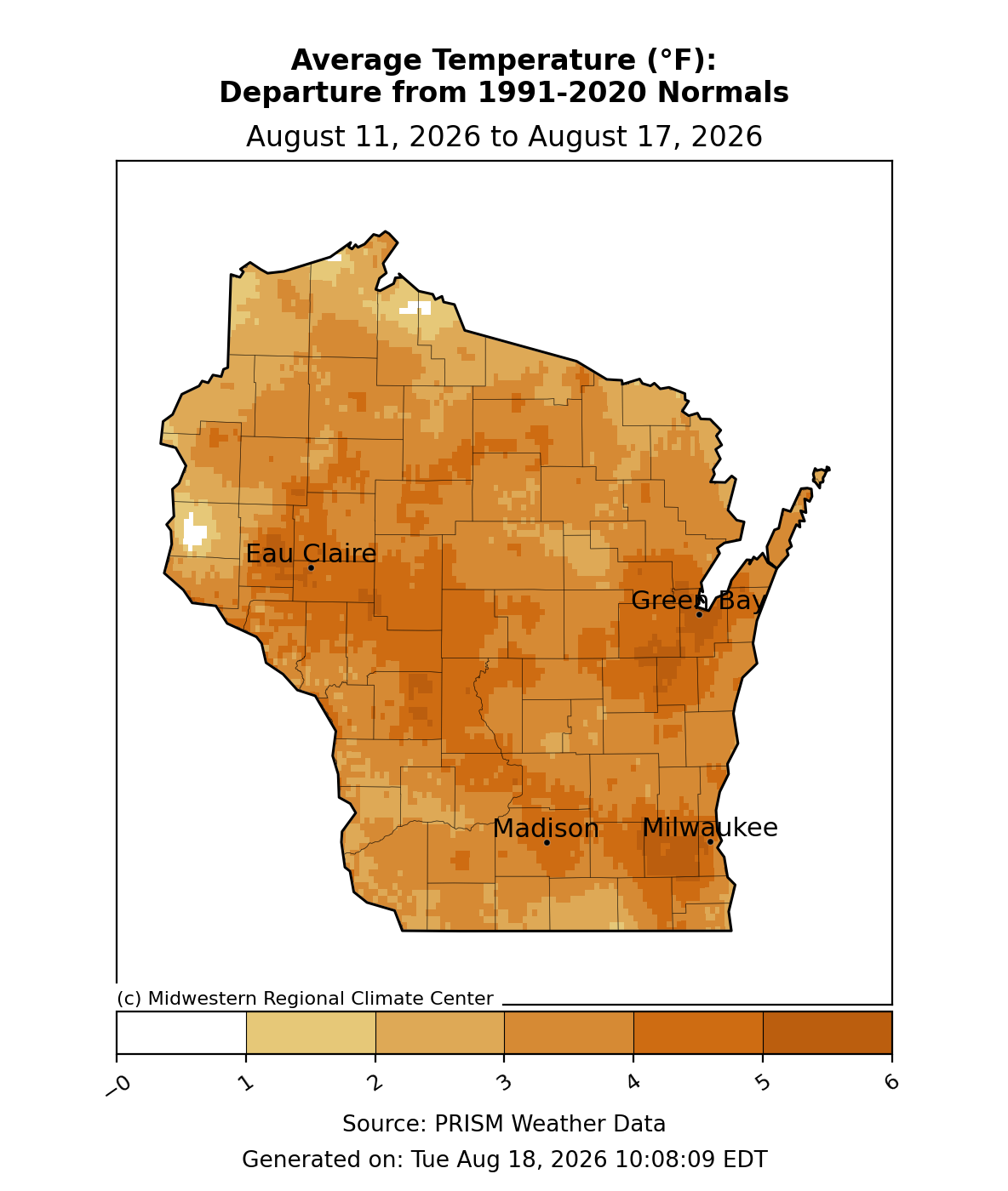 Wisconsin map showing 7-day average temperature departure from 1991–2020 normals from August 11 to August 17, 2026.