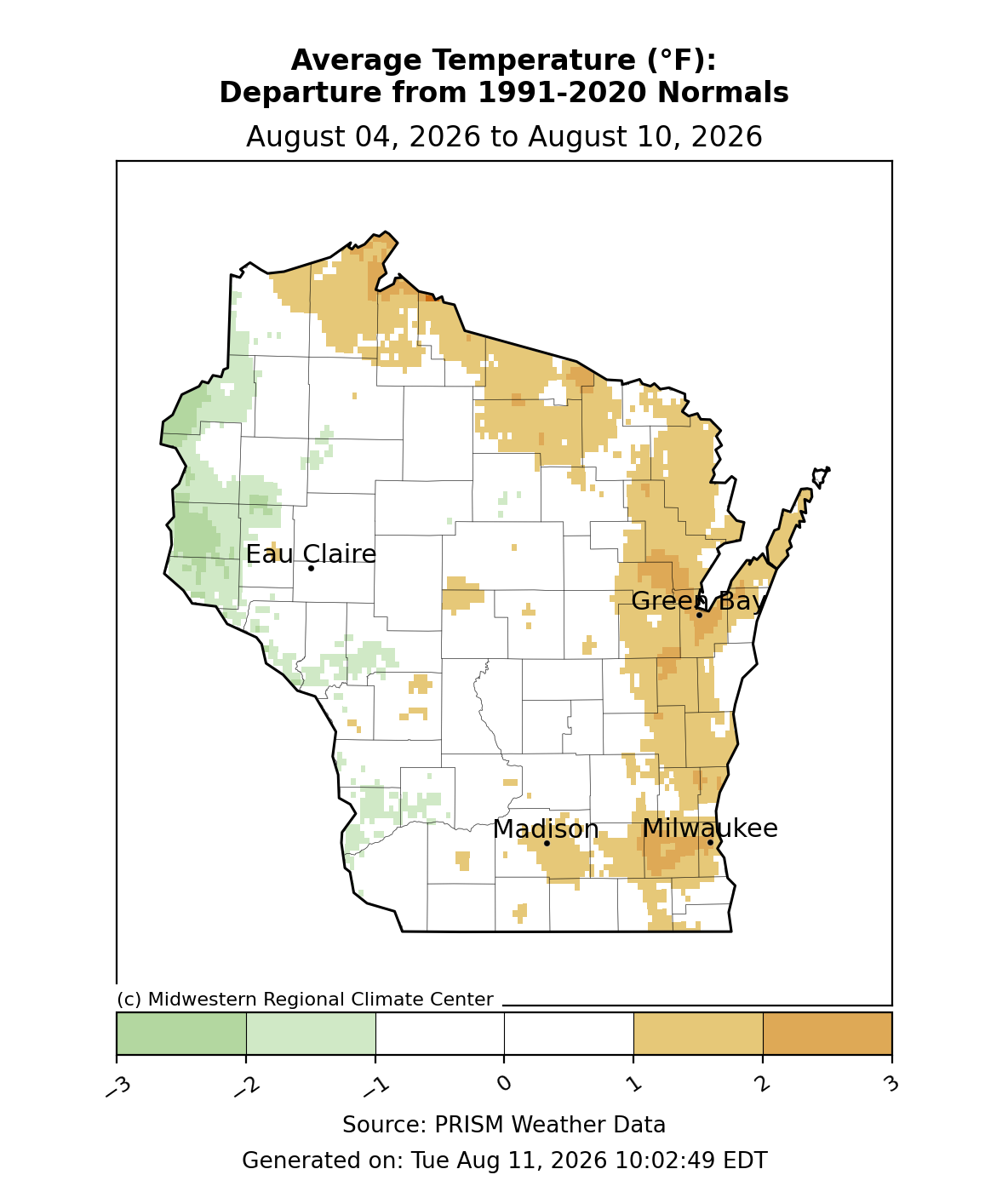  Map showing Wisconsin average temperature departure from normal (°F) from Aug 04 to Aug 10, 2026.