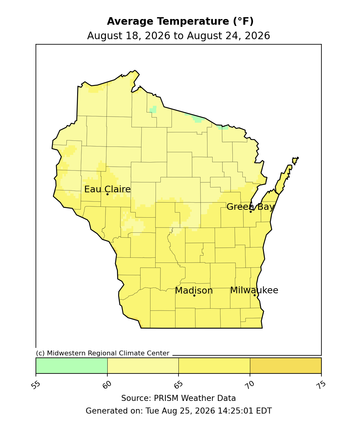 Map of Wisconsin showing average temperature in degrees Fahrenheit from August 18 to August 24, 2026.
