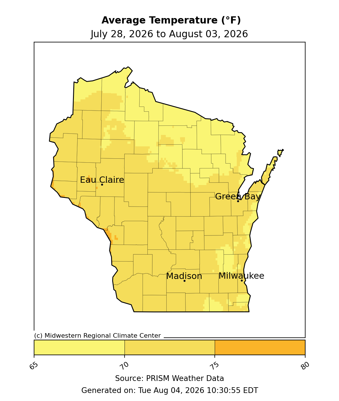 Wisconsin map of average temperature, Jul 28–Aug 3, 2026, mostly 65–75°F statewide. Image description below.