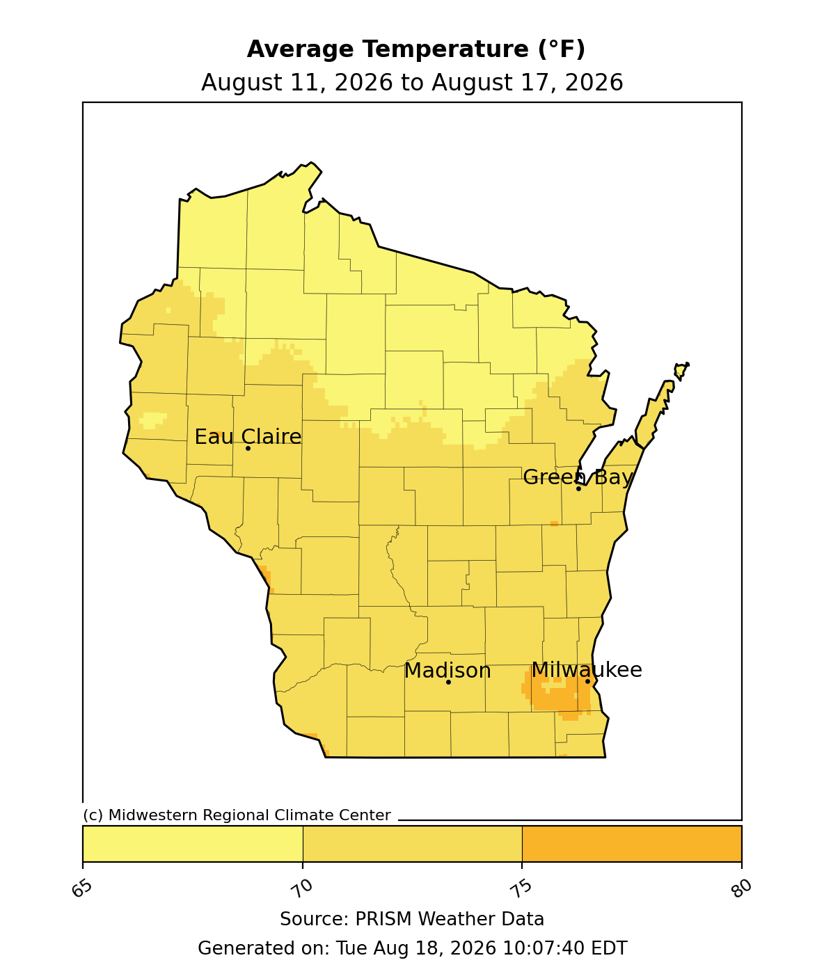 Wisconsin map showing 7-day average temperature in degrees Fahrenheit from August 11 to August 17, 2026.