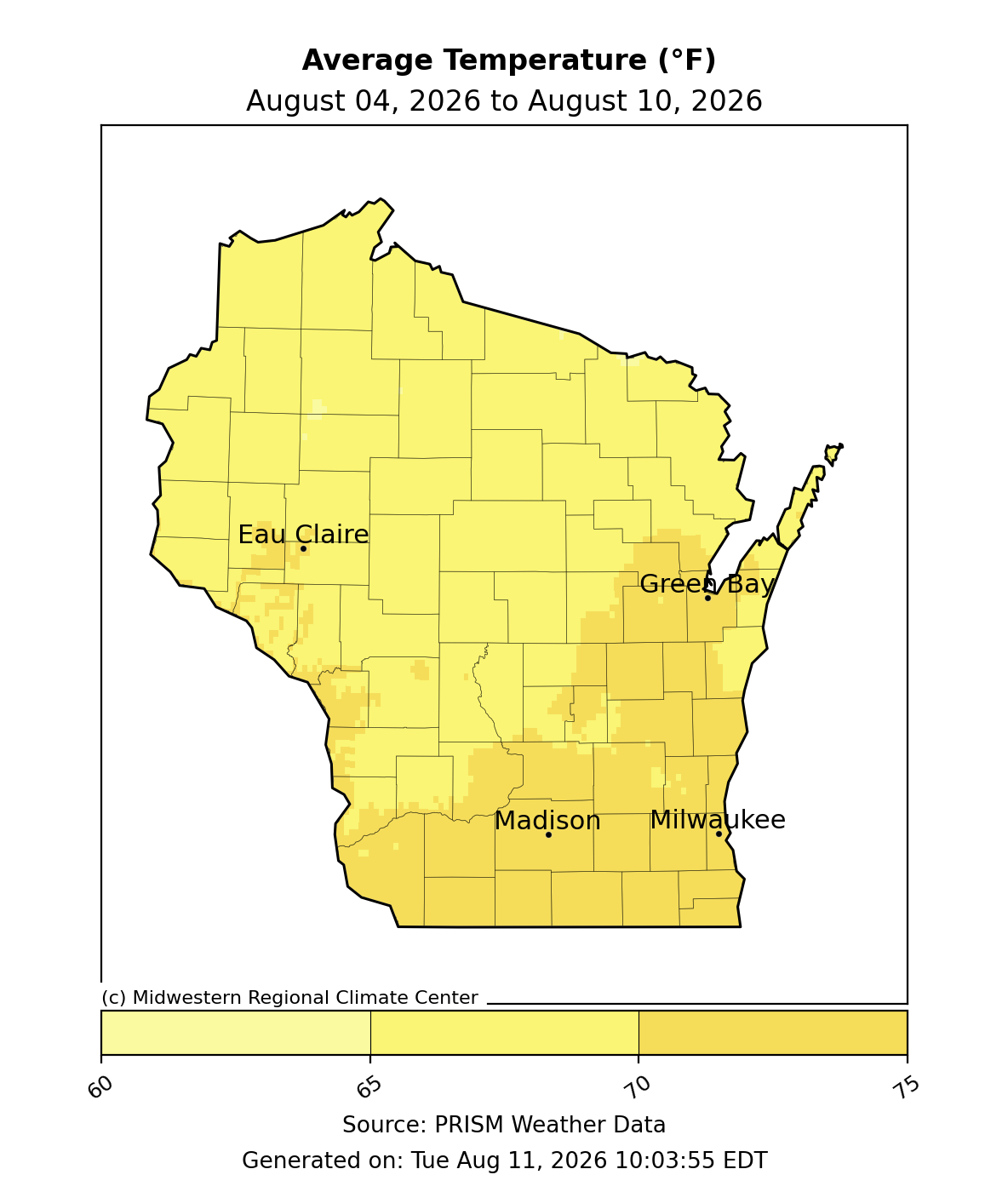 Map of Wisconsin 7-day average temperature in degrees Fahrenheit (Aug 04 - Aug 10, 2026).