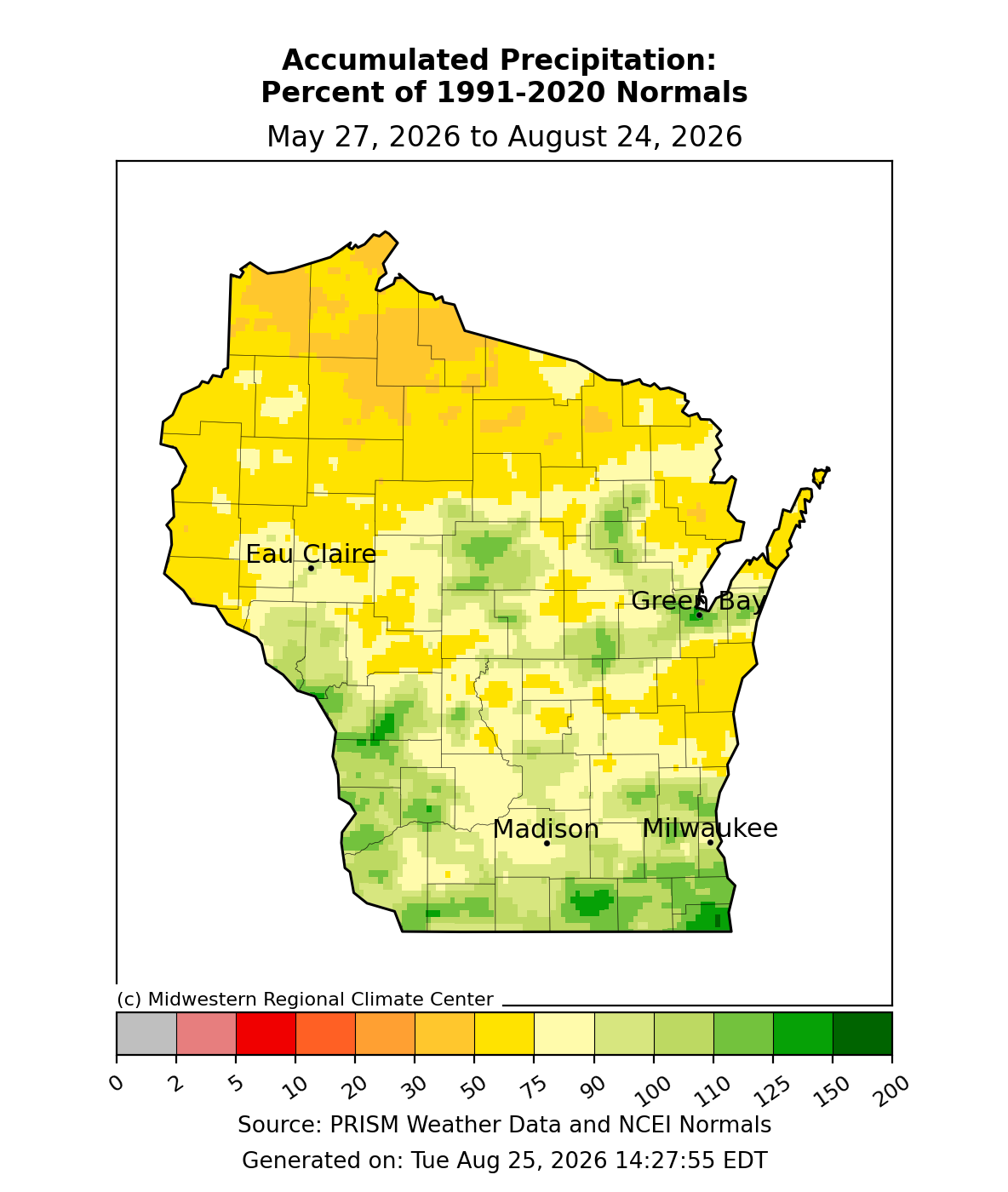 Map of Wisconsin precipitation percentage of 1991 to 2020 normals from May 27, 2026 to August 24, 2026.