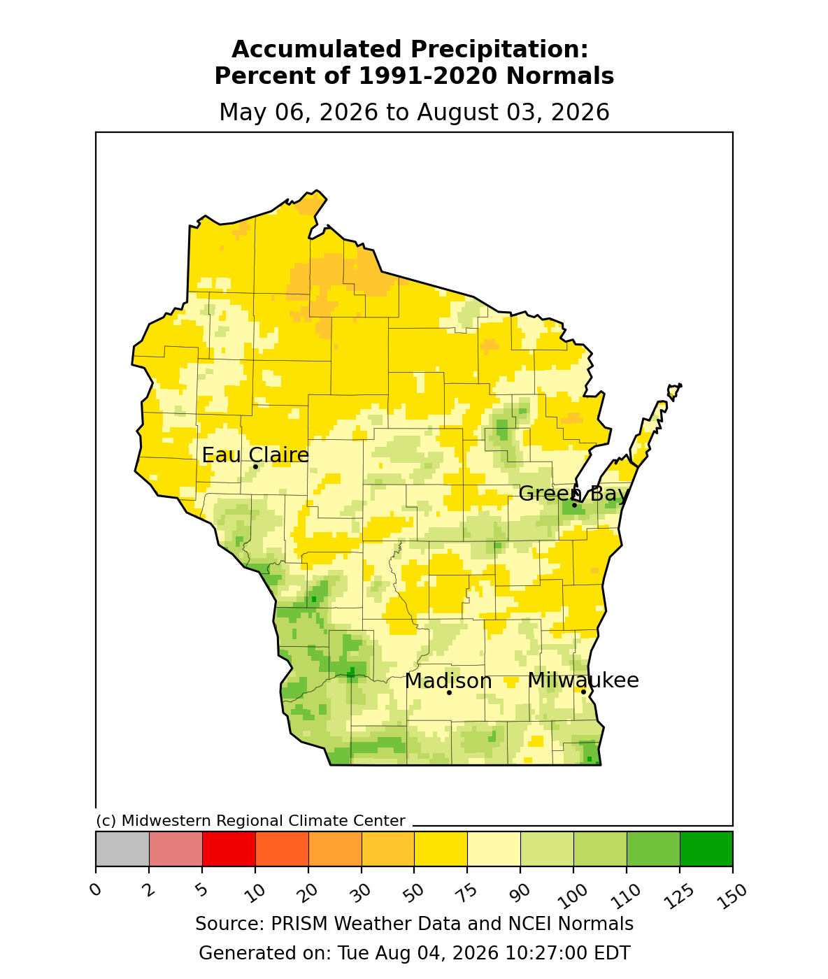 Wisconsin map, % of normal precipitation, May 6–Aug 3, 2026. Image description below.