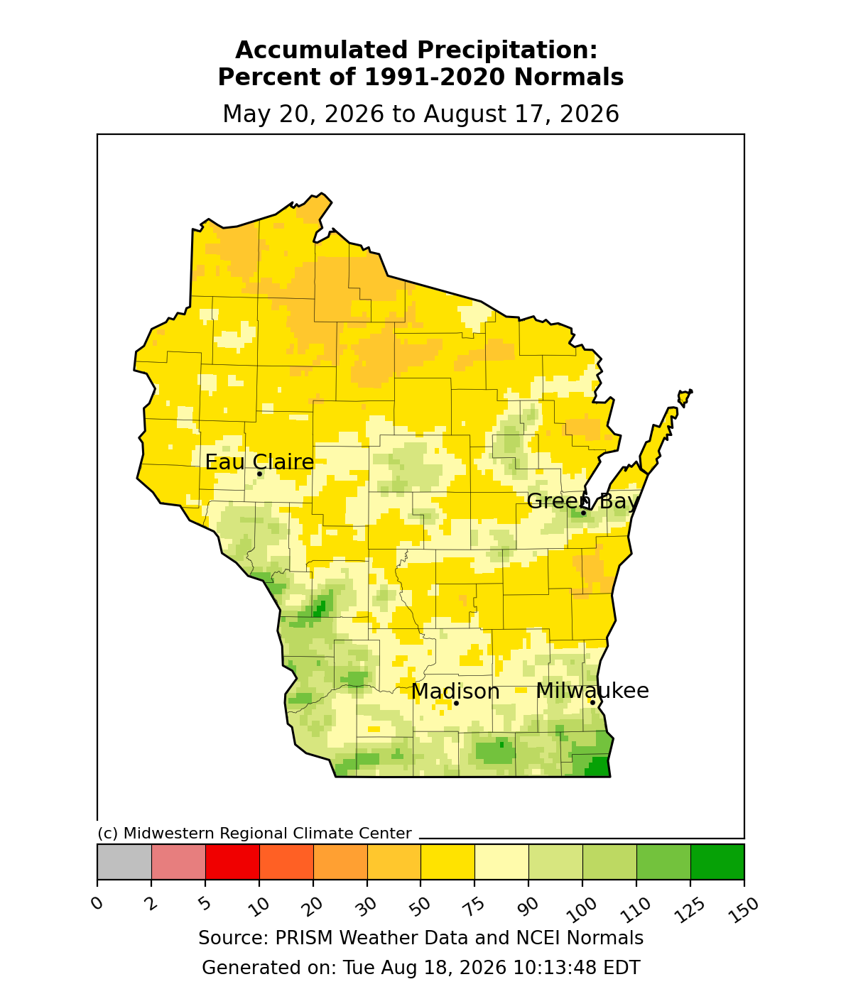 Wisconsin map showing 90-day precipitation percent of 1991–2020 normals from May 20 to August 17, 2026.