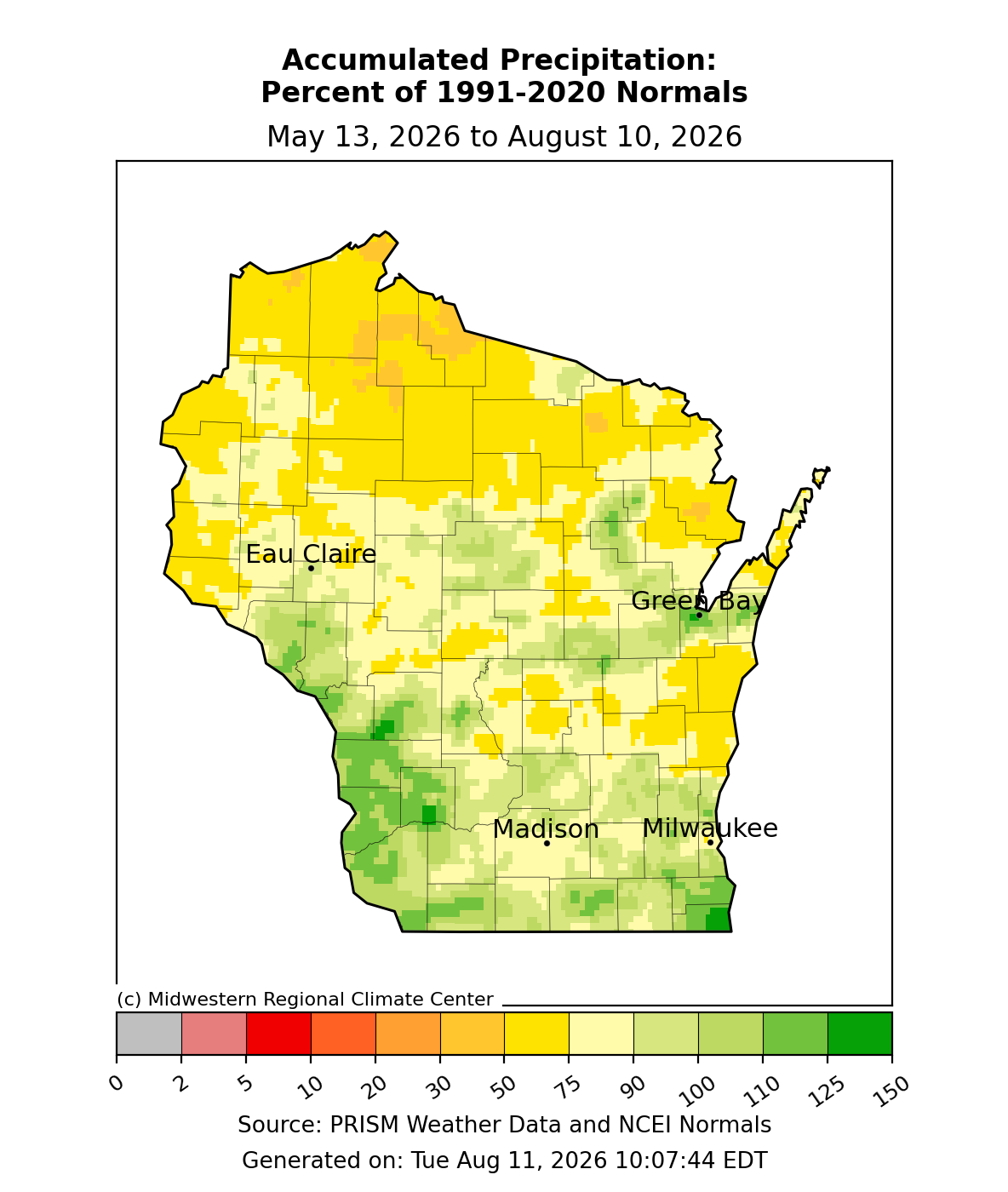 Map showing Wisconsin 90-day accumulated precipitation as a percent of normal (May 13 - Aug 10, 2026). 