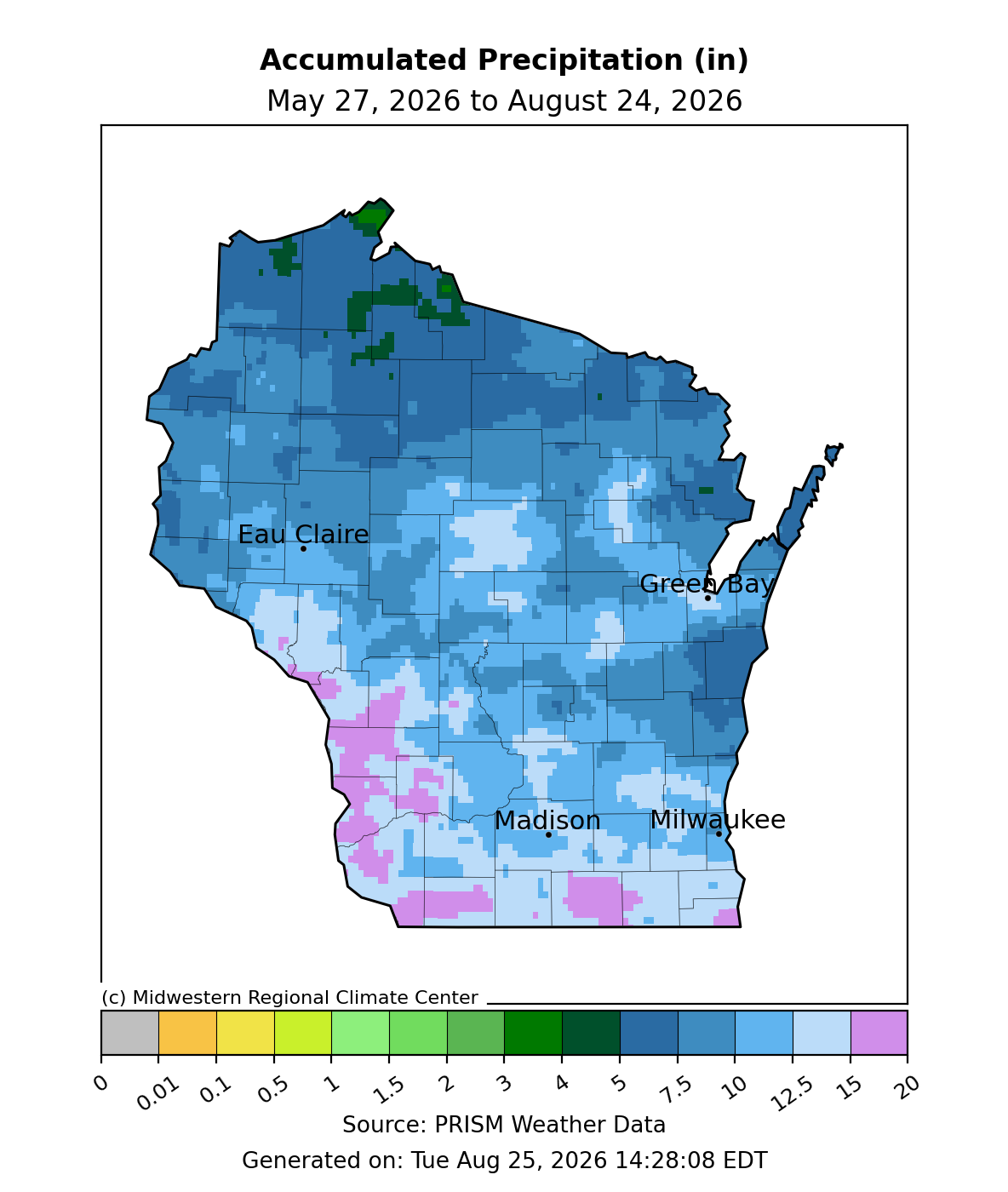 Map showing Wisconsin accumulated precipitation in inches from May 27, 2026 to August 24, 2026.