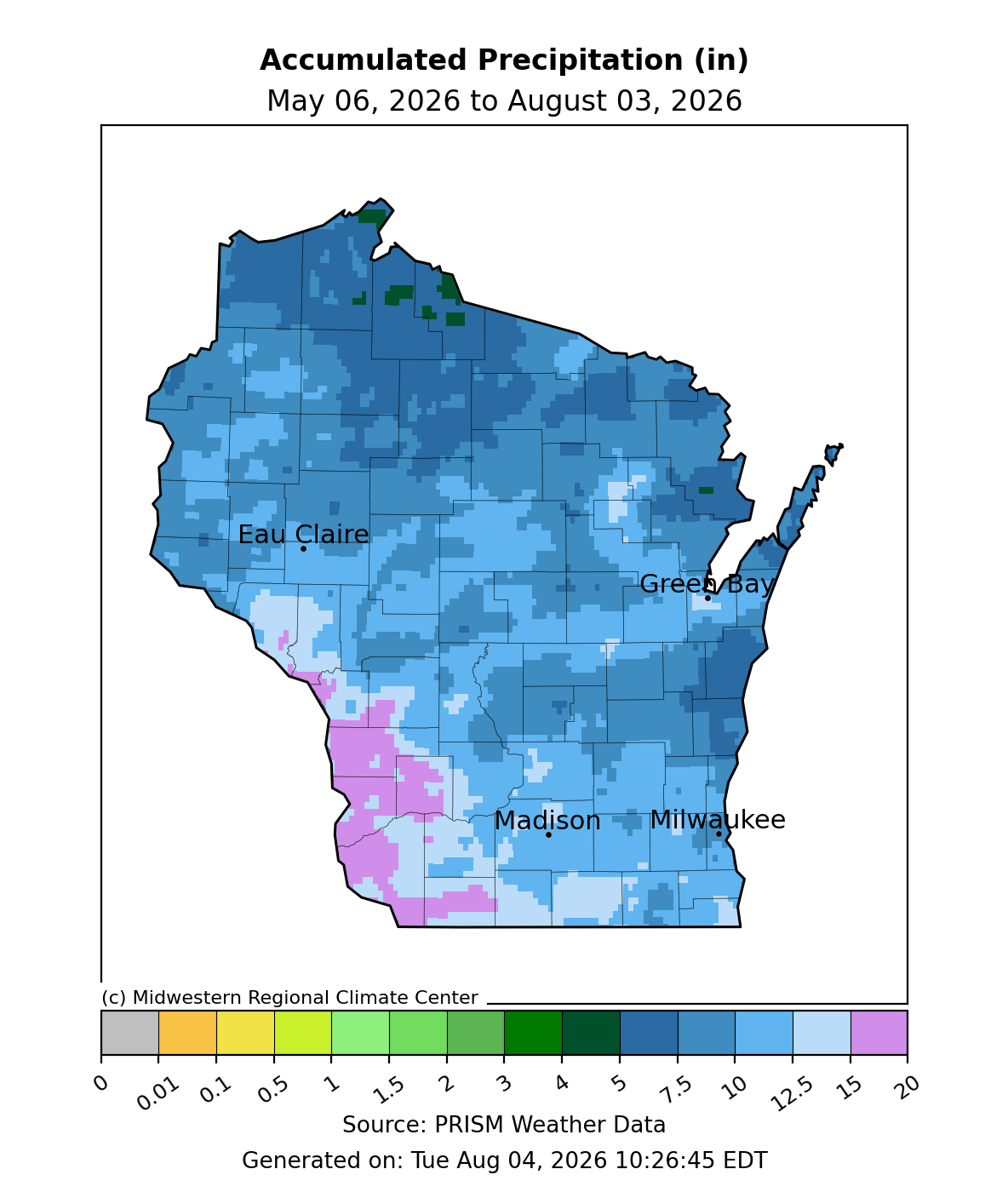Wisconsin map, accumulated precipitation May 6–Aug 3, 2026. Image description below.